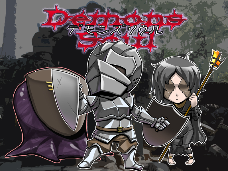 ministerlive, maiden in black, phalangeal, slayer of demons, demon's souls, fromsoftware, slime, 1boy, 1girl, anklet, armor, barefoot, belt, black hair, boots, cape, chibi, dress, dual wielding, feet, helmet, holding, jewelry, knight, shield, short hair, staff