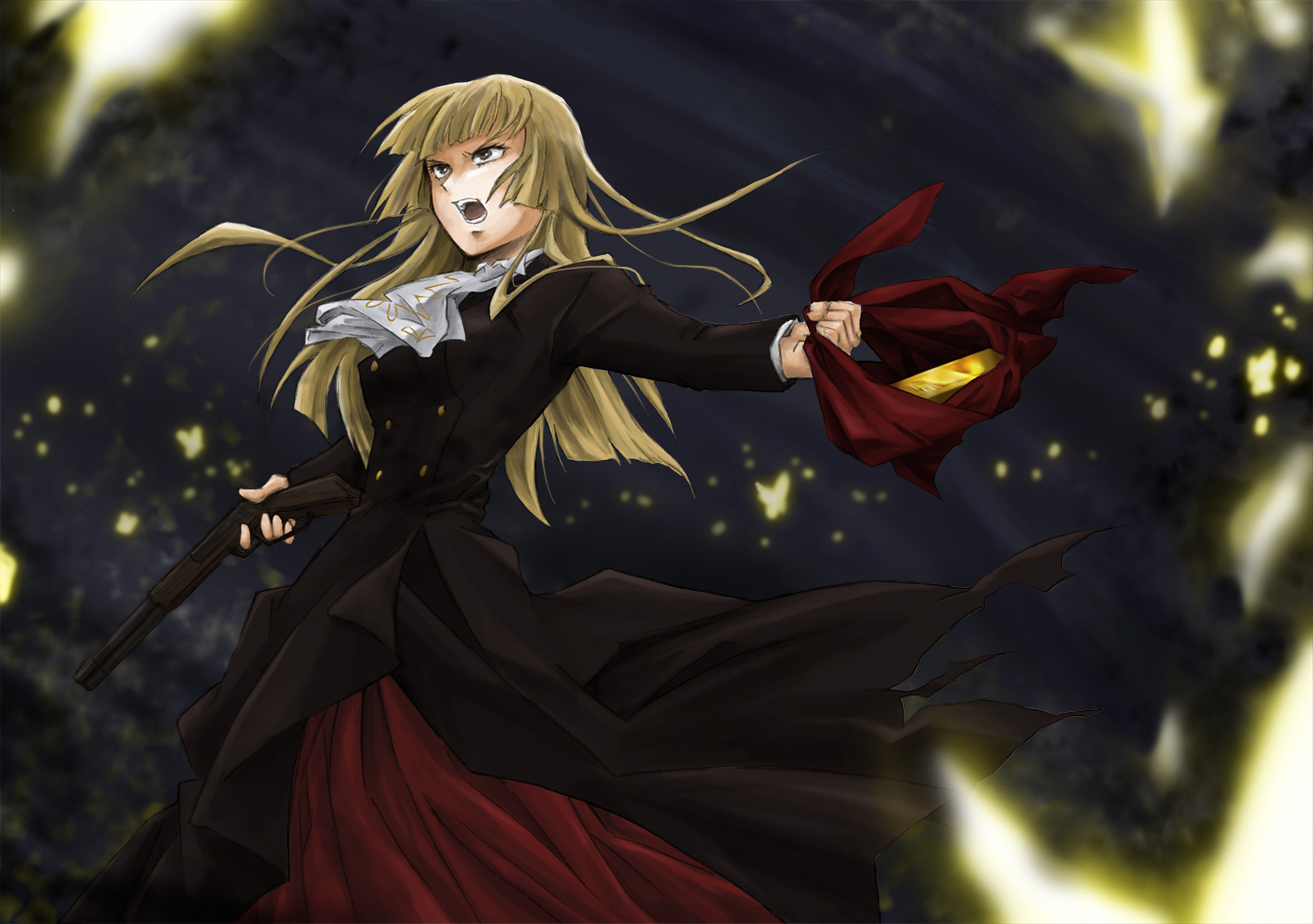 matokichi, ushiromiya rosa, umineko no naku koro ni, 00s, 1girl, ascot, blonde hair, brown eyes, brown hair, bug, butterfly, female focus, gold, gun, hime cut, insect, long hair, solo, weapon