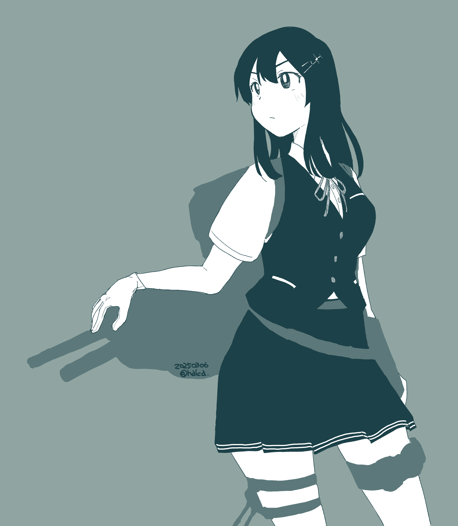 halca (technodrome), oyashio (kancolle), kantai collection, commentary request, highres, 1girl, breasts, dated, gloves, greyscale, hair between eyes, hair ornament, hairclip, long hair, monochrome, neck ribbon, ribbon, rigging, school uniform, shirt, short sleeves, simple background, skirt, solo, thigh strap, twitter username, vest