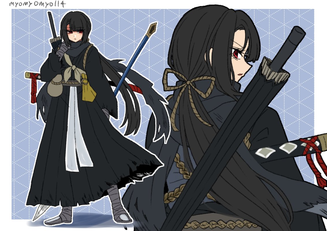 ryoshu (project moon), limbus company, project moon, commentary request, 1girl, artist name, asymmetrical bangs, black hair, blue background, border, chinese clothes, gourd, hongyuan (identity) (project moon), looking back, medium hair, multiple views, myomyomyo114, outline, outside border, polearm, red eyes, sheath, sheathed, spear, standing, sword, sword on back, twitter username, weapon, weapon on back, white border, white outline