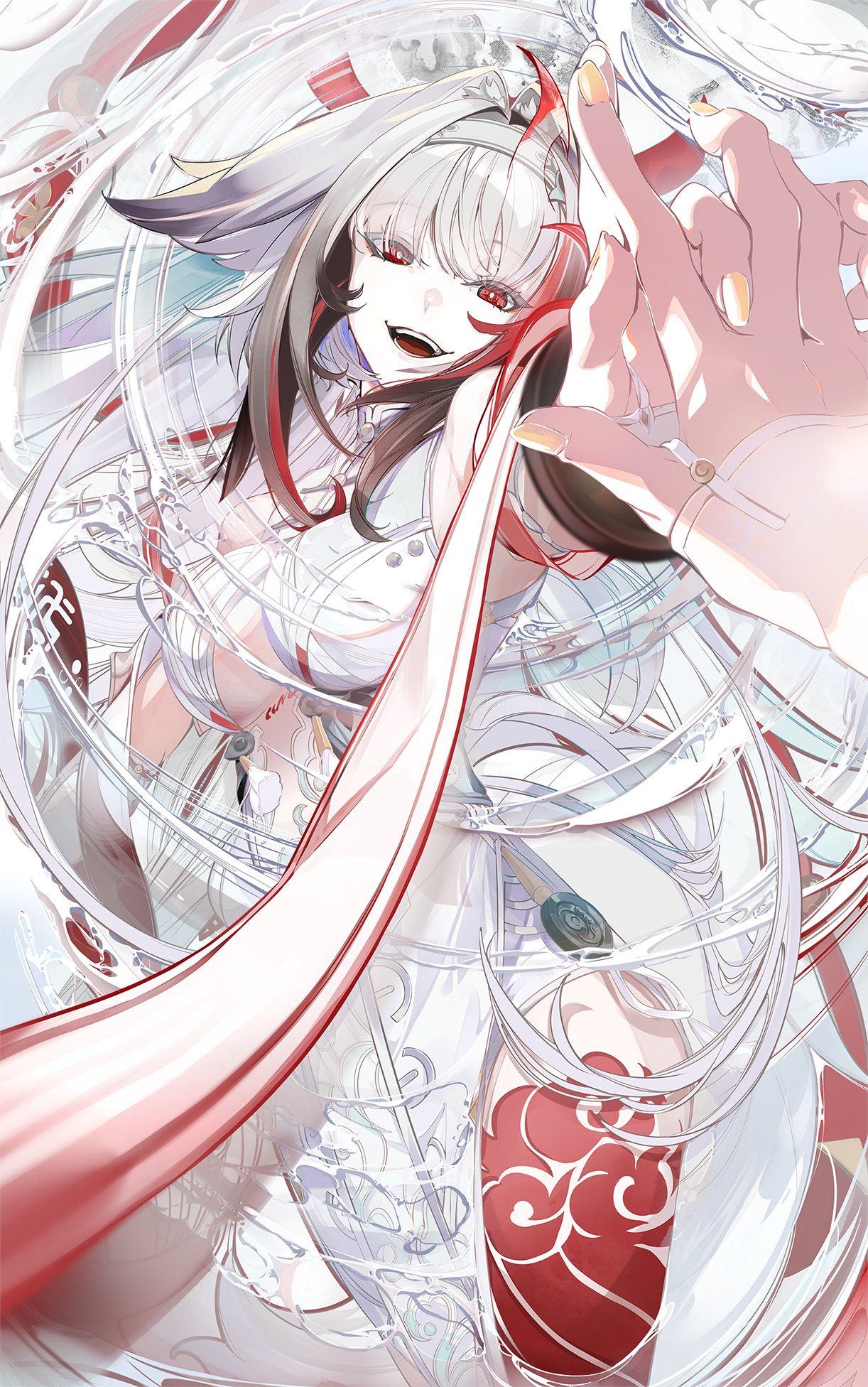 yonemuro, ye shunguang, zenless zone zero, commentary request, highres, second-party source, 1girl, 1other, animal ears, black hair, breasts, dress, fox ears, fox girl, hair intakes, interlocked fingers, large breasts, long hair, looking at viewer, multicolored hair, open mouth, red eyes, red hair, smile, streaked hair, very long hair, white dress, white hair