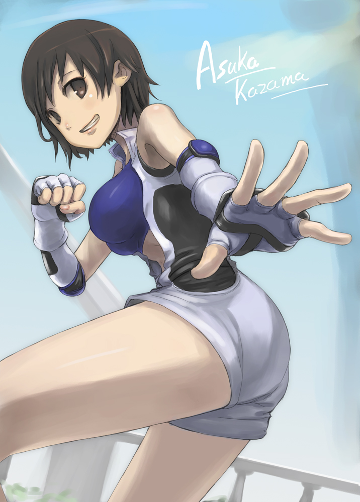 tea (nakenashi), kazama asuka, namco, tekken, bad id, bad pixiv id, 1girl, breasts, brown eyes, brown hair, character name, fingerless gloves, gloves, jumpsuit, large breasts, romper, shorts