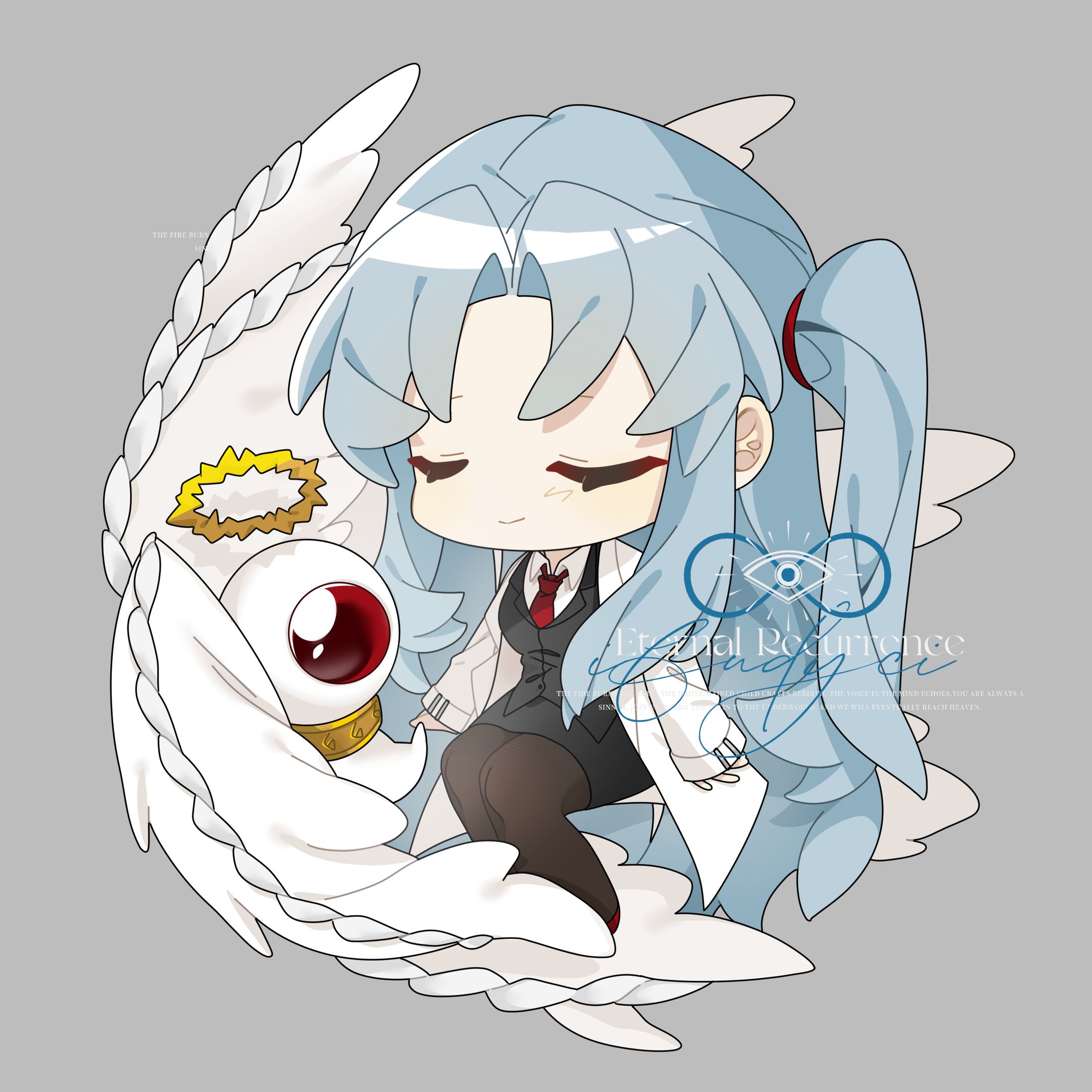 ifudyci, angela (project moon), lobotomy corporation, project moon, character request, commentary, highres, symbol-only commentary, 1girl, angel wings, blue hair, chibi, closed eyes, closed mouth, collared shirt, english text, full body, grey background, halo, long hair, necktie, pantyhose, red necktie, shirt, side ponytail, simple background, smile, solo, white shirt, wings