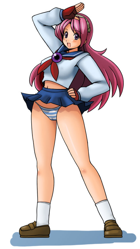 tsumitani daisuke, asamiya athena, snk, the king of fighters, blush, clothes lift, long hair, panties, purple hair, school uniform, skirt, skirt lift, smile, striped clothes, striped panties, underwear
