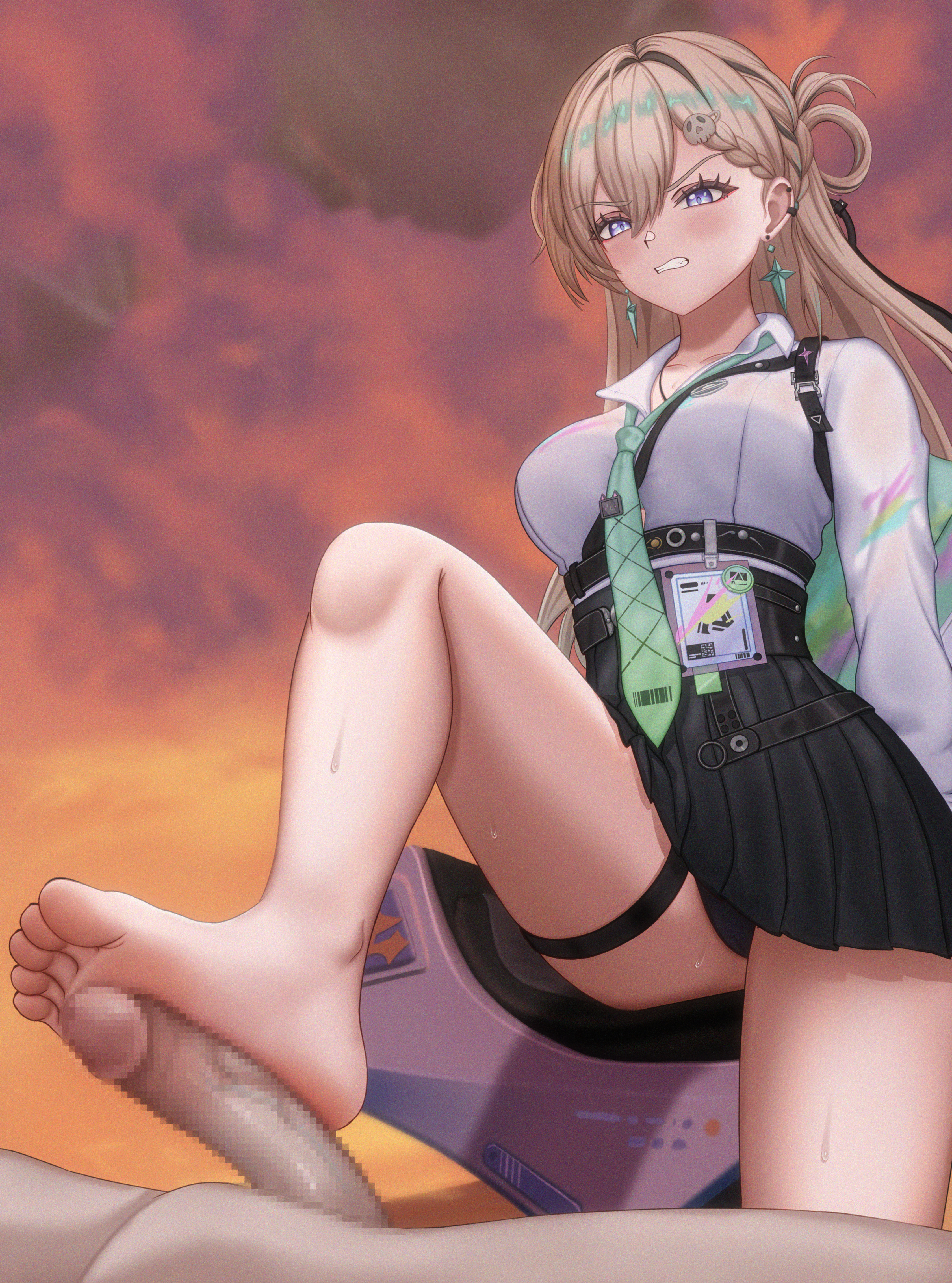 denokoto, lynae (wuthering waves), wuthering waves, absurdres, highres, 1girl, barefoot, blonde hair, blue eyes, blush, clenched teeth, feet, footjob, long hair, panties, pantyshot, soles, teeth, toes, underwear, upskirt