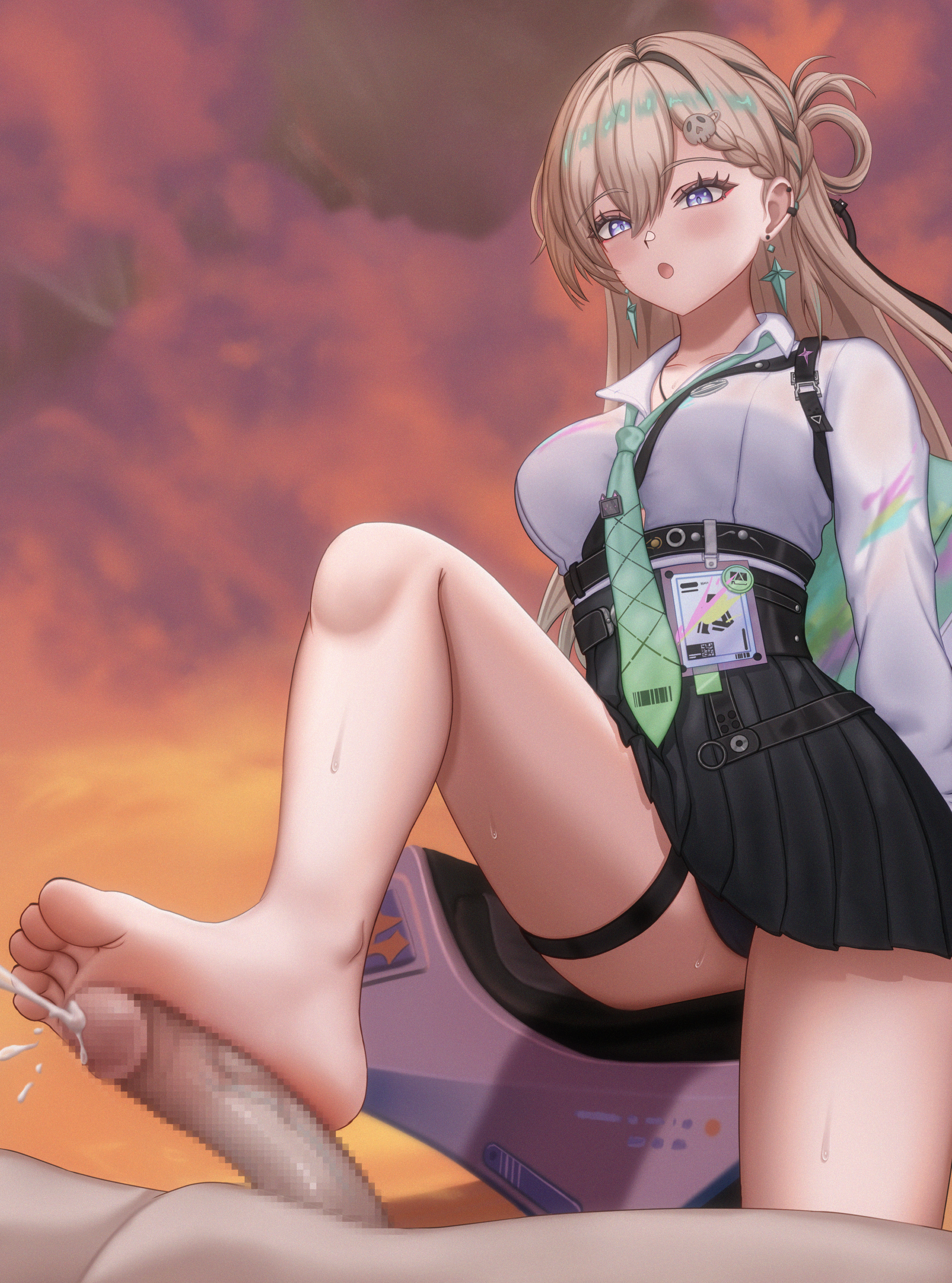 denokoto, lynae (wuthering waves), wuthering waves, absurdres, highres, 1girl, barefoot, blonde hair, blue eyes, blush, cum, ejaculation, feet, footjob, long hair, open mouth, panties, pantyshot, soles, toes, underwear, upskirt