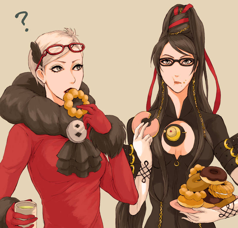 yperit, yperit212, bayonetta, jeanne (bayonetta), bayonetta (series), bayonetta 1, bad id, bad pixiv id, 2girls, :t, ?, amulet, black hair, bodysuit, breasts, chain, cleavage, cleavage cutout, clothing cutout, crumbs, cup, donut, drink, earrings, eating, elbow gloves, eyeshadow, eyewear on head, female focus, food, food on face, glasses, gloves, green tea, grey eyes, hair bun, hair ornament, hair ribbon, jewelry, lipstick, long hair, makeup, mascara, medium breasts, mole, mole under mouth, multiple girls, plate, red ribbon, ribbon, short hair, simple background, single hair bun, tea, very long hair, white hair