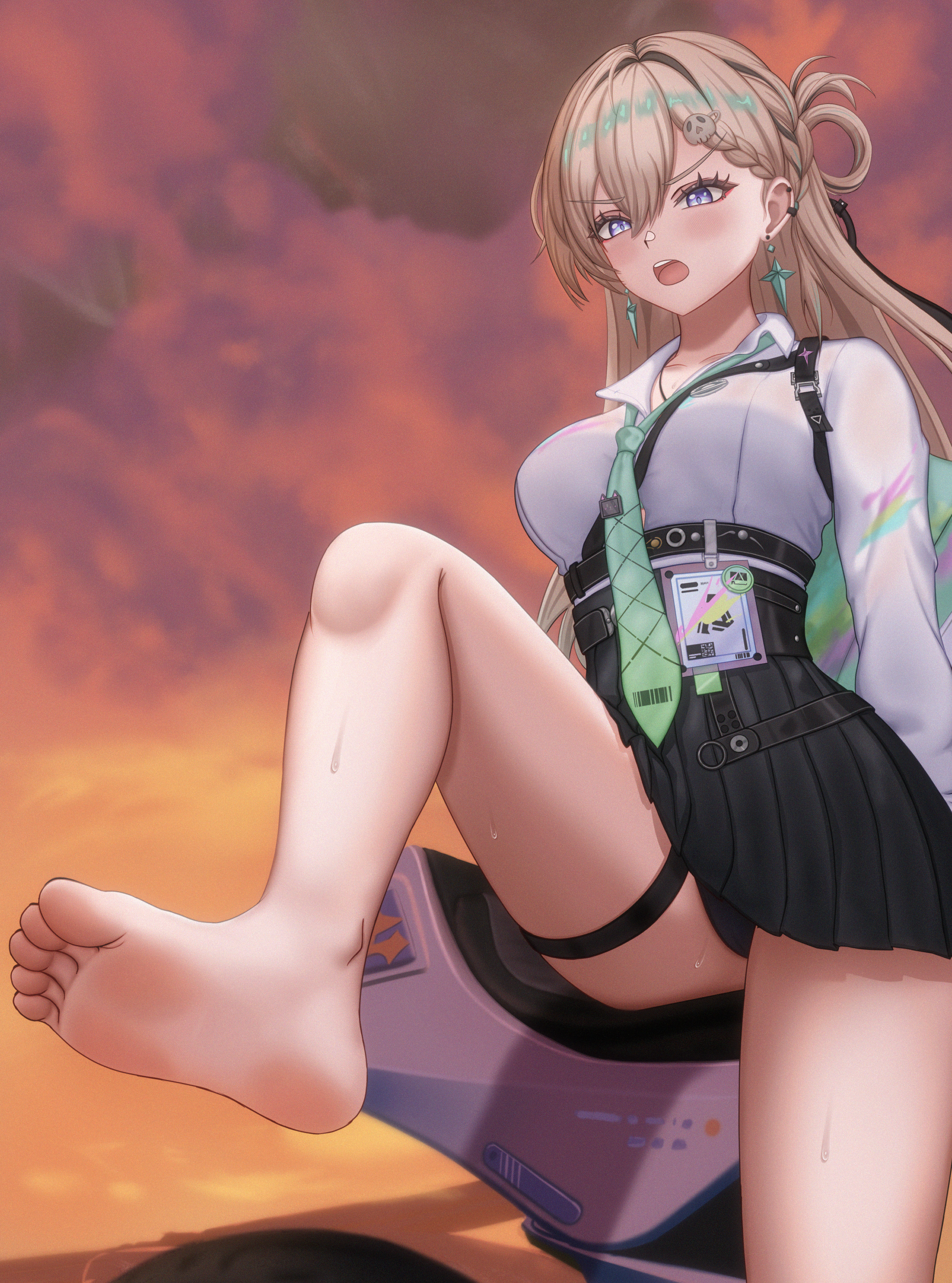 denokoto, lynae (wuthering waves), wuthering waves, absurdres, highres, 1girl, barefoot, blonde hair, blue eyes, blush, feet, long hair, open mouth, panties, pantyshot, soles, toes, underwear, upskirt