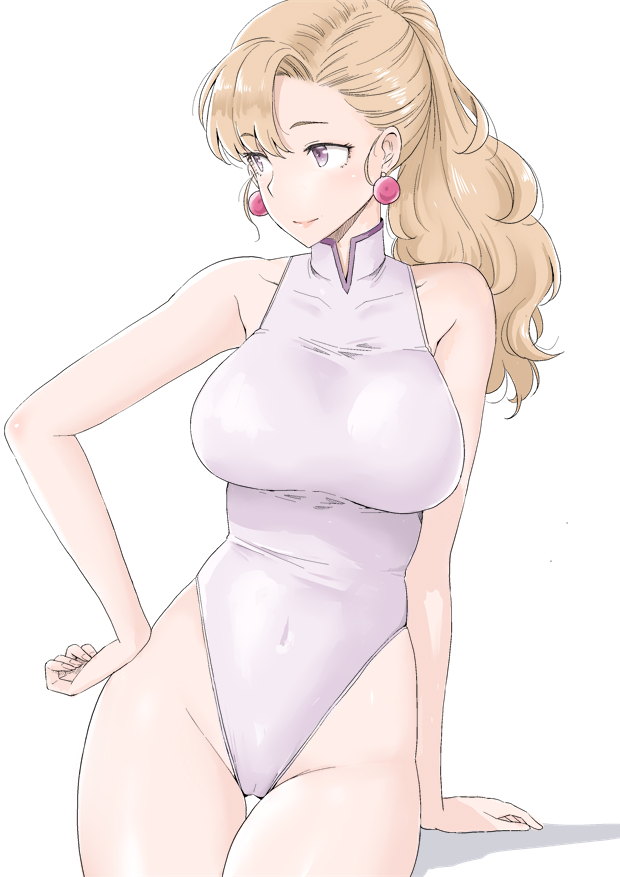 taito0630, original, commentary request, 1girl, blonde hair, breasts, cameltoe, covered navel, earrings, jewelry, large breasts, leotard, looking to the side, ponytail, simple background, smile, solo, solo focus, thigh gap, thighs