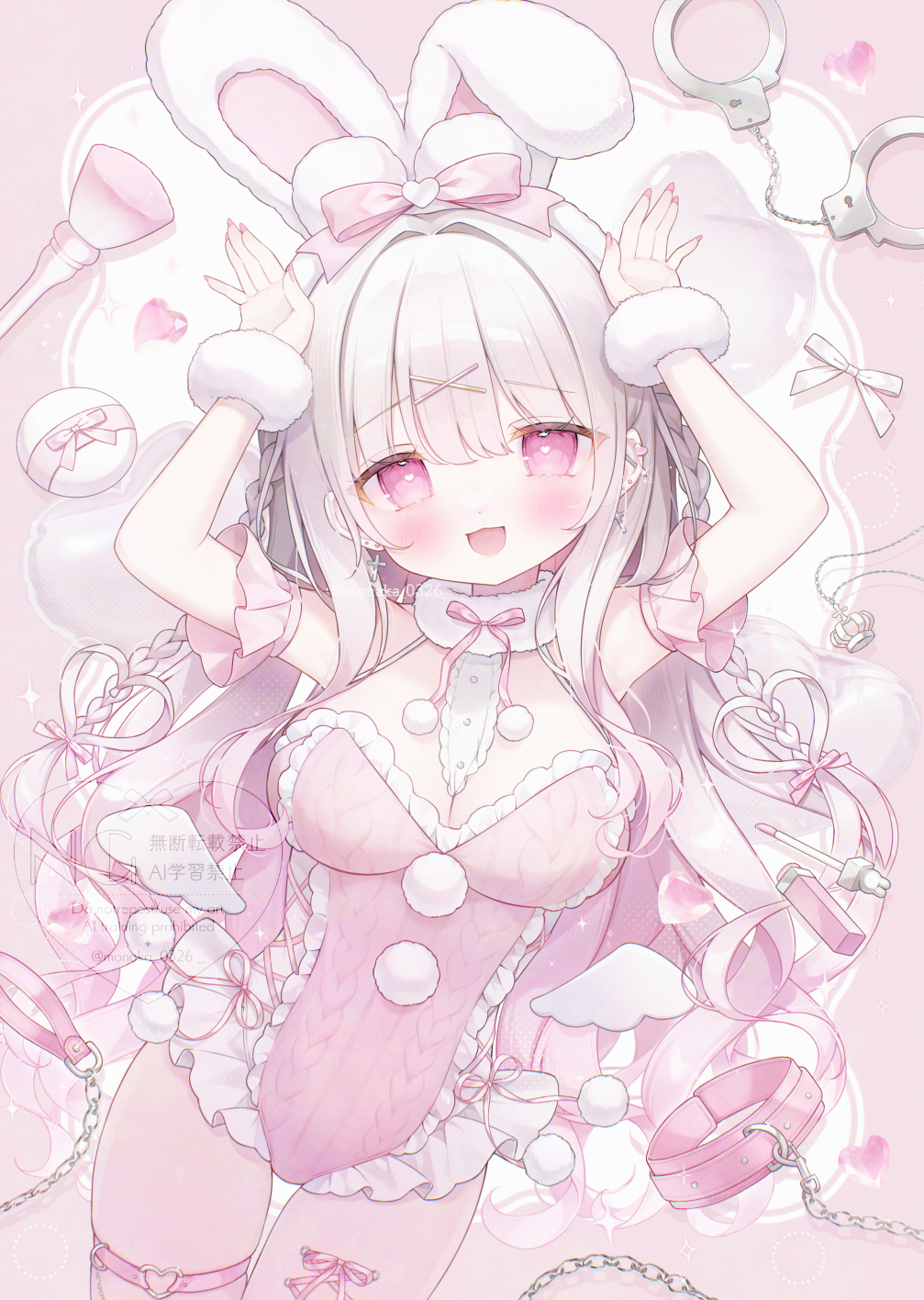 omochi monaka, original, commentary request, highres, textless version, 1girl, :d, animal ears, bare shoulders, blush, bow, braid, breasts, cleavage, collar, cuffs, frills, hair bow, hair ornament, hairband, handcuffs, heart, large breasts, leash, leotard, long hair, looking at viewer, open mouth, pink bow, pink eyes, pink leotard, rabbit ears, ribbon, smile, solo, thigh strap, twintails, white hair, white hairband, x hair ornament
