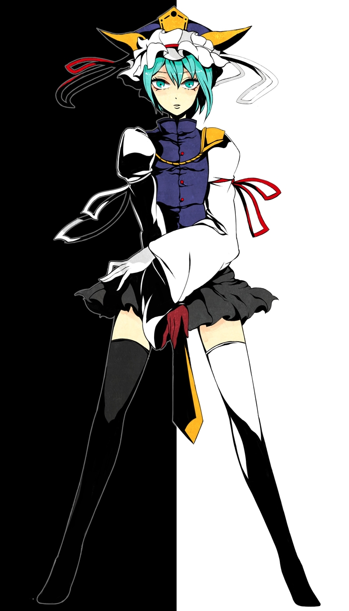 kakaaru, shiki eiki, touhou, bad id, bad pixiv id, highres, 1girl, female focus, green eyes, green hair, hat, matching hair/eyes, ribbon, rod of remorse, short hair, solo, thighhighs, zettai ryouiki