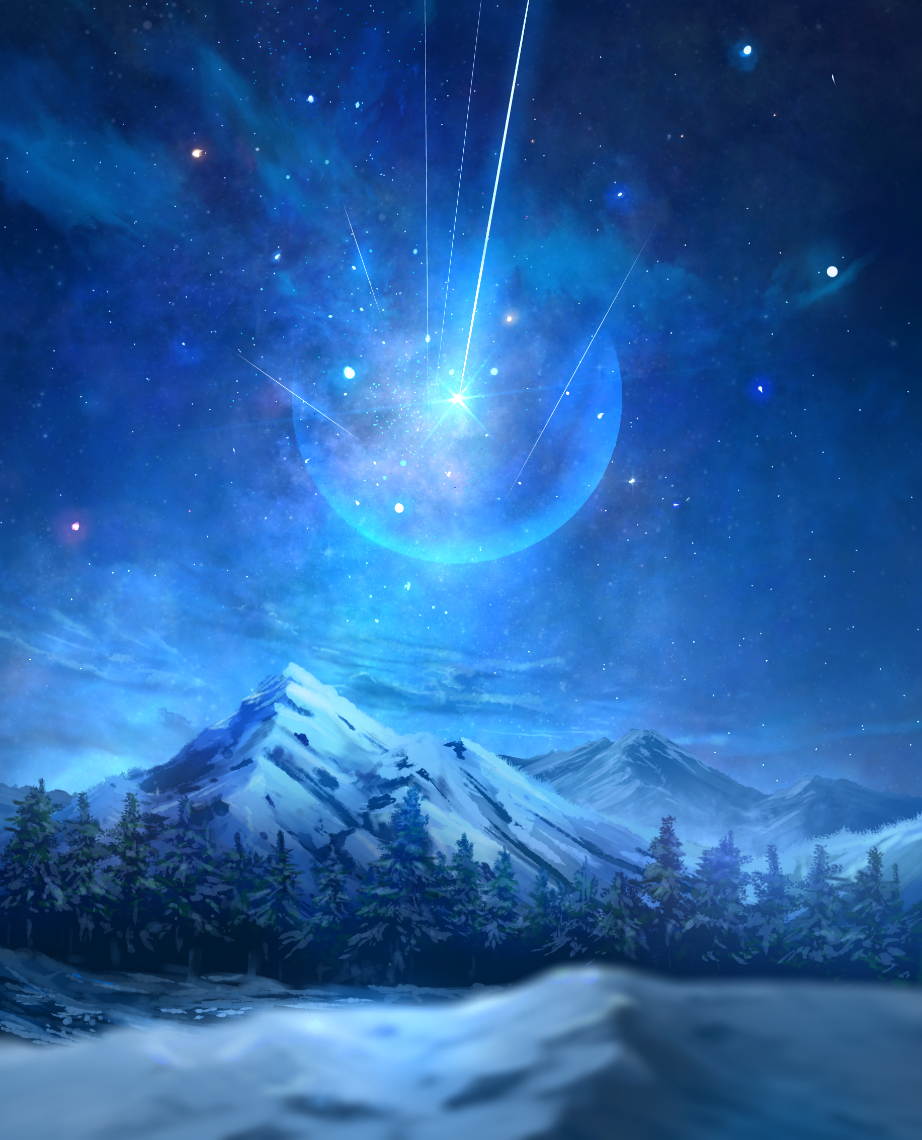 original, commentary request, highres, blue sky, forest, landscape, meteor shower, mountain, mountainous horizon, n (nnn2927), nature, night, no humans, outdoors, pine tree, scenery, sky, star (sky), starry sky, tree, winter