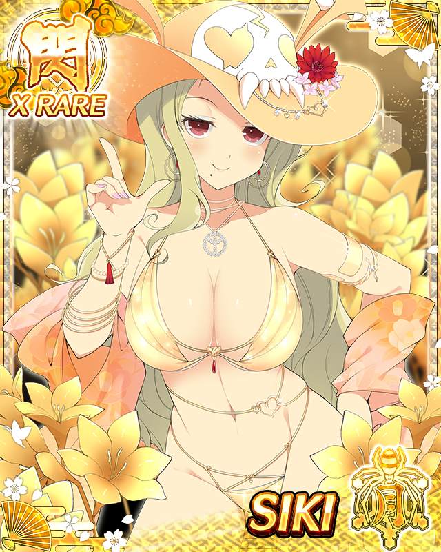shiki (senran kagura), senran kagura, senran kagura new wave, game cg, official art, third-party source, 1girl, belly chain, bikini, blonde hair, border, bracelet, breasts, card (medium), character name, cleavage, closed mouth, floral background, flower, gold armband, gold bikini, gold flower, gold hat, groin, hand on own hip, hat, hat flower, jewelry, large breasts, long hair, looking at viewer, middle part, mole, mole under mouth, multiple bracelets, nail polish, navel, necklace, o-ring, o-ring belly chain, parted bangs, peace symbol, pointing, pointing up, red eyes, red flower, skindentation, skull print, smile, solo, sun hat, swimsuit, winged hat