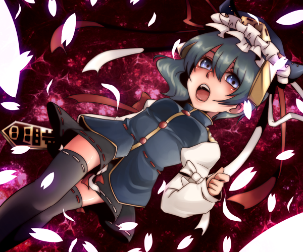 urita (vivivinicol), shiki eiki, touhou, 1girl, blue eyes, female focus, green hair, hat, rod of remorse, short hair, solo, thighhighs