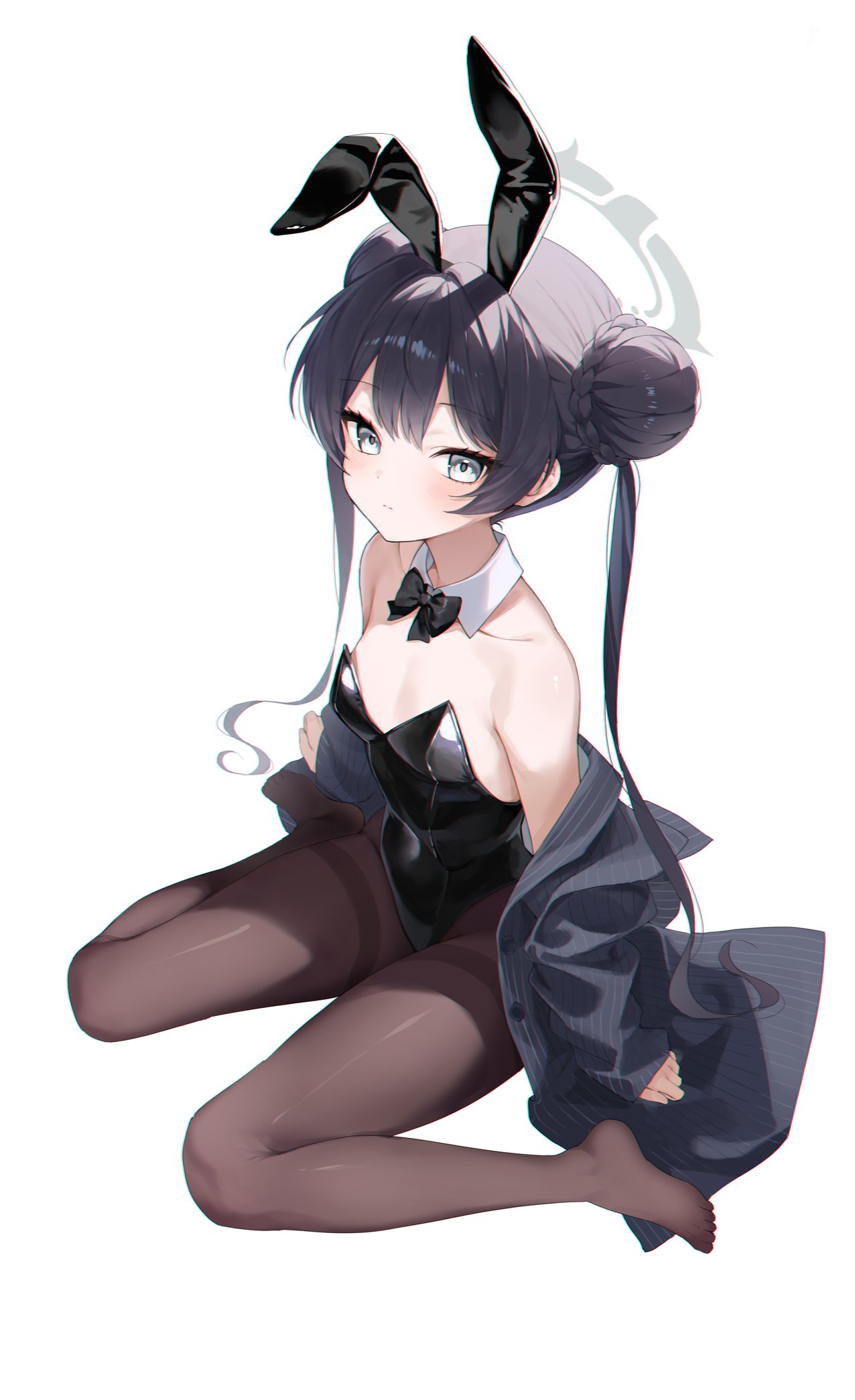yeohye s2, kisaki (blue archive), blue archive, commentary, highres, 1girl, animal ears, bare shoulders, black bow, black bowtie, black hair, black jacket, black leotard, blush, bow, bowtie, breasts, brown pantyhose, closed mouth, collarbone, covered navel, detached collar, double bun, fake animal ears, grey eyes, grey halo, hair between eyes, hair bun, halo, jacket, legs, leotard, long hair, long sleeves, looking at viewer, off shoulder, on ground, pantyhose, playboy bunny, rabbit, rabbit ears, sidelocks, simple background, sitting, sleeves past wrists, small breasts, solo, strapless, strapless leotard, thighband pantyhose, thighs, twintails, wariza, white background