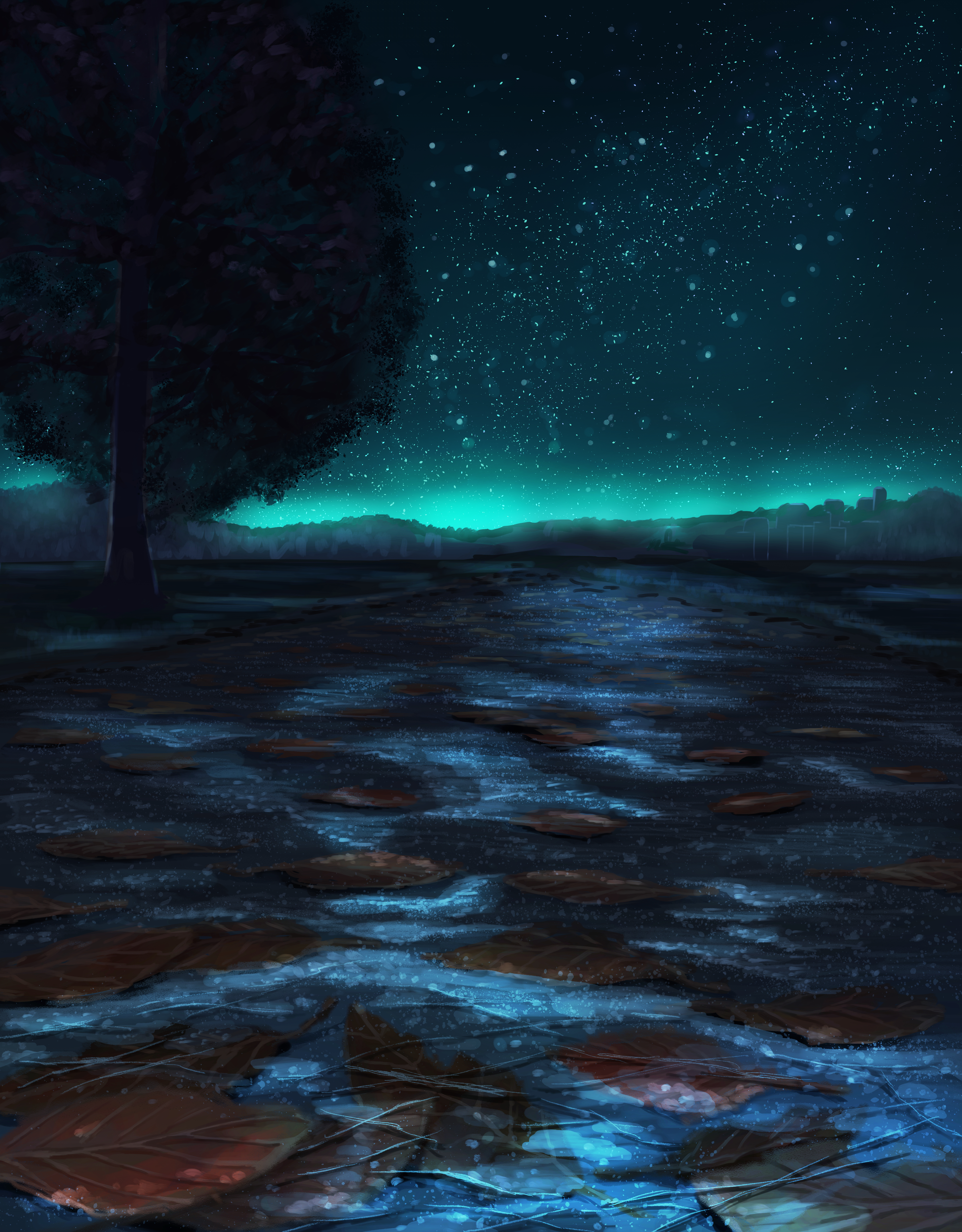 original, absurdres, commentary request, highres, leaf, night, no humans, outdoors, pizza (pddc8233), scenery, sky, star (sky), starry sky, tree