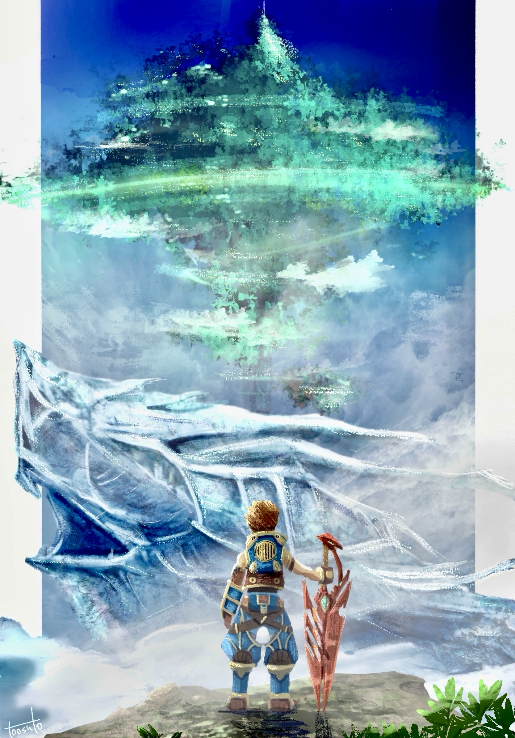 toosut0, rex (xenoblade), xenoblade chronicles (series), xenoblade chronicles 2, commentary request, highres, 1boy, aegis sword (xenoblade), blue sky, cloud, happy anniversary, holding, holding sword, holding weapon, in-universe location, male focus, on grass, outdoors, outside border, pillarboxed, scenery, signature, sky, solo, standing, sword, weapon, whale
