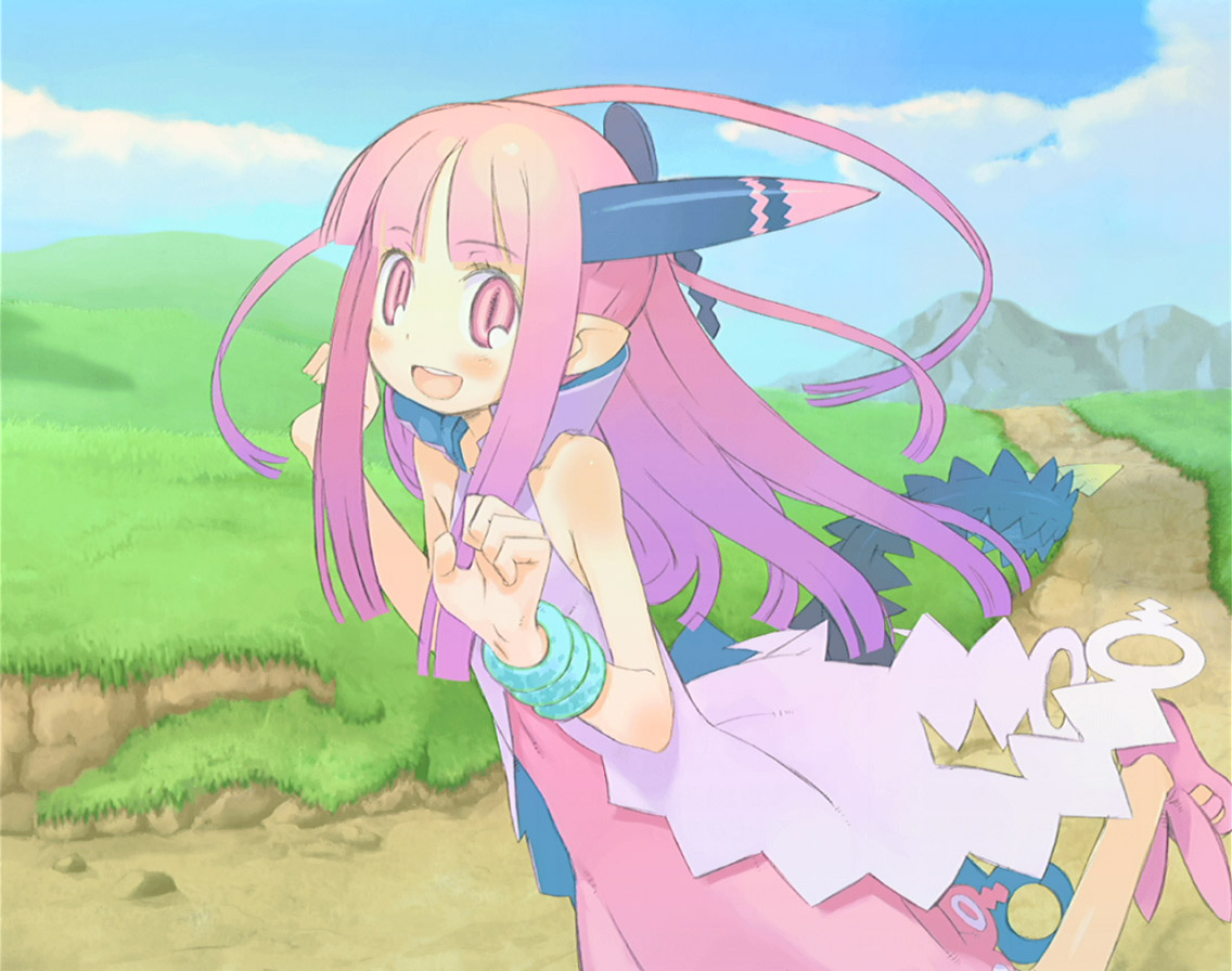 milreaf, summon night, summon night 4, 1girl, female focus, flat chest, gradient hair, half updo, multicolored hair, pink eyes, pointy ears, smile, solo, tail