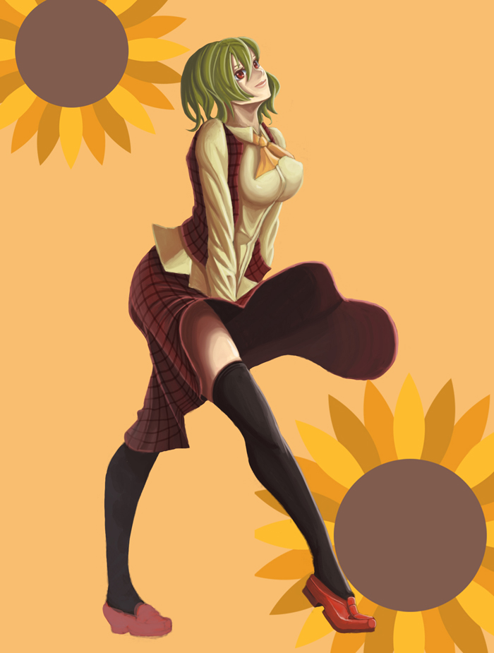 ko-ran, kazami yuuka, touhou, bad id, bad pixiv id, 1girl, ascot, black thighhighs, breasts, female focus, flower, green hair, large breasts, looking up, orange background, plaid clothes, plaid skirt, plaid vest, red eyes, short hair, skirt, skirt set, skirt tug, smile, solo, sunflower, thighhighs, vest