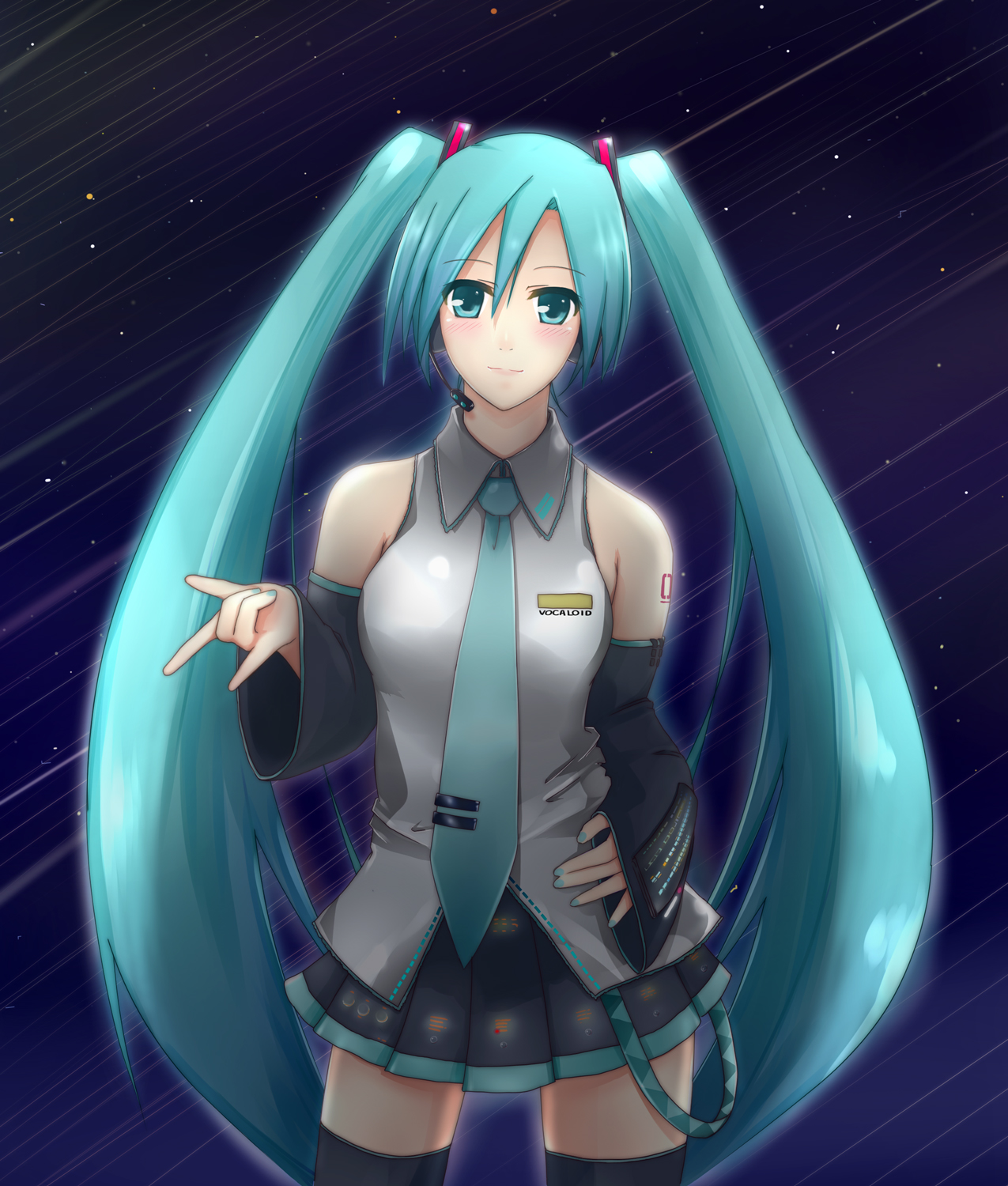 natsume riu, hatsune miku, vocaloid, highres, 1girl, aqua hair, aqua nails, blush, detached sleeves, female focus, headset, long hair, nail polish, necktie, skirt, smile, solo, thighhighs, twintails, very long hair, zettai ryouiki