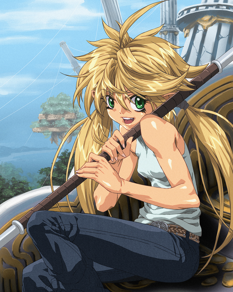 chyko, original, bad id, bad pixiv id, belt, blonde hair, denim, green eyes, jeans, pants, shirt, sleeveless, sleeveless shirt, solo, twintails