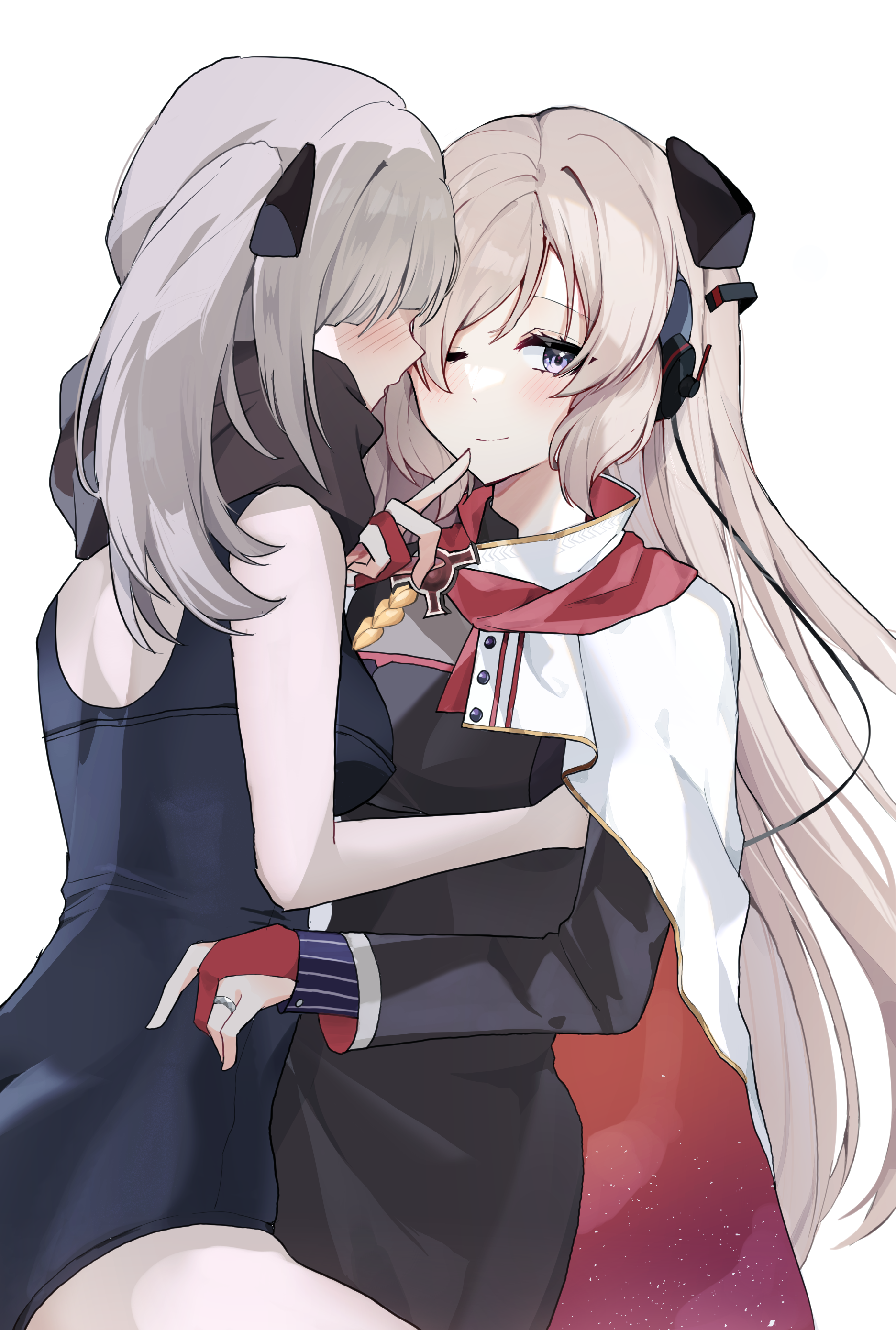 harafrontline, g3 (girls' frontline), g3 (mod3) (girls' frontline), hk21 (girls' frontline), girls' frontline, absurdres, commentary, highres, 2girls, black dress, blonde hair, blue leotard, blush, breasts, cloak, closed mouth, dress, feet out of frame, fingerless gloves, gloves, grey hair, hair ornament, hairclip, headphones, jewelry, leotard, long hair, long sleeves, looking at viewer, multiple girls, one eye closed, purple eyes, ring, smile, standing, strapless, twintails, white background, white cloak, yuri