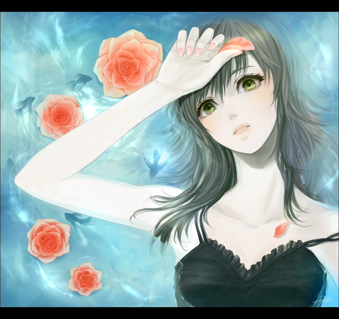 suda ayaka, original, bad id, bad pixiv id, 1girl, arm up, black hair, dress, eyelashes, female focus, fingernails, fish, flower, green eyes, head tilt, letterboxed, lips, looking at viewer, lying, nail polish, petals, solo, strap slip, water