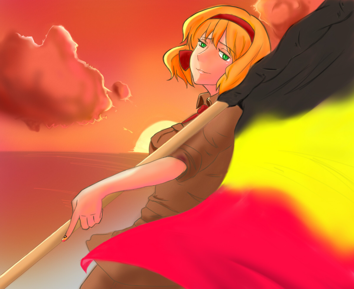 belgium (hetalia), axis powers hetalia, bad id, bad pixiv id, 00s, blonde hair, flag, green eyes, hair ribbon, military, military uniform, ribbon, short hair, skirt, sleeves rolled up, smile, solo, sunset