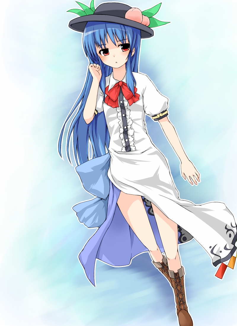 miyo (ranthath), hinanawi tenshi, touhou, 1girl, :<, blue hair, boots, brown boots, female focus, flat chest, food, fruit, gradient background, hat, long hair, peach, red eyes, solo