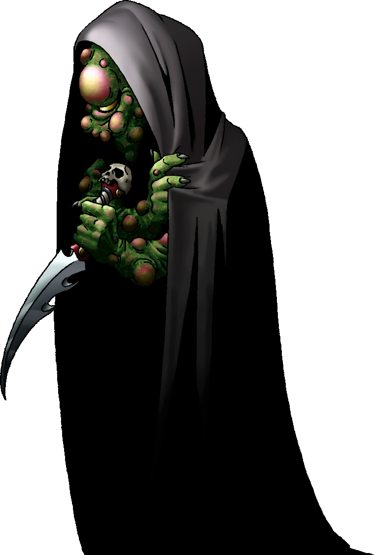 kazuma kaneko, thanatos (megami tensei), devil summoner (game), devil summoner (series), shin megami tensei, official art, third-party source, 1boy, black cloak, cloak, colored skin, demon (megami tensei), green skin, holding, holding knife, knife, solo, transparent background, wart, warts, yellow eyes