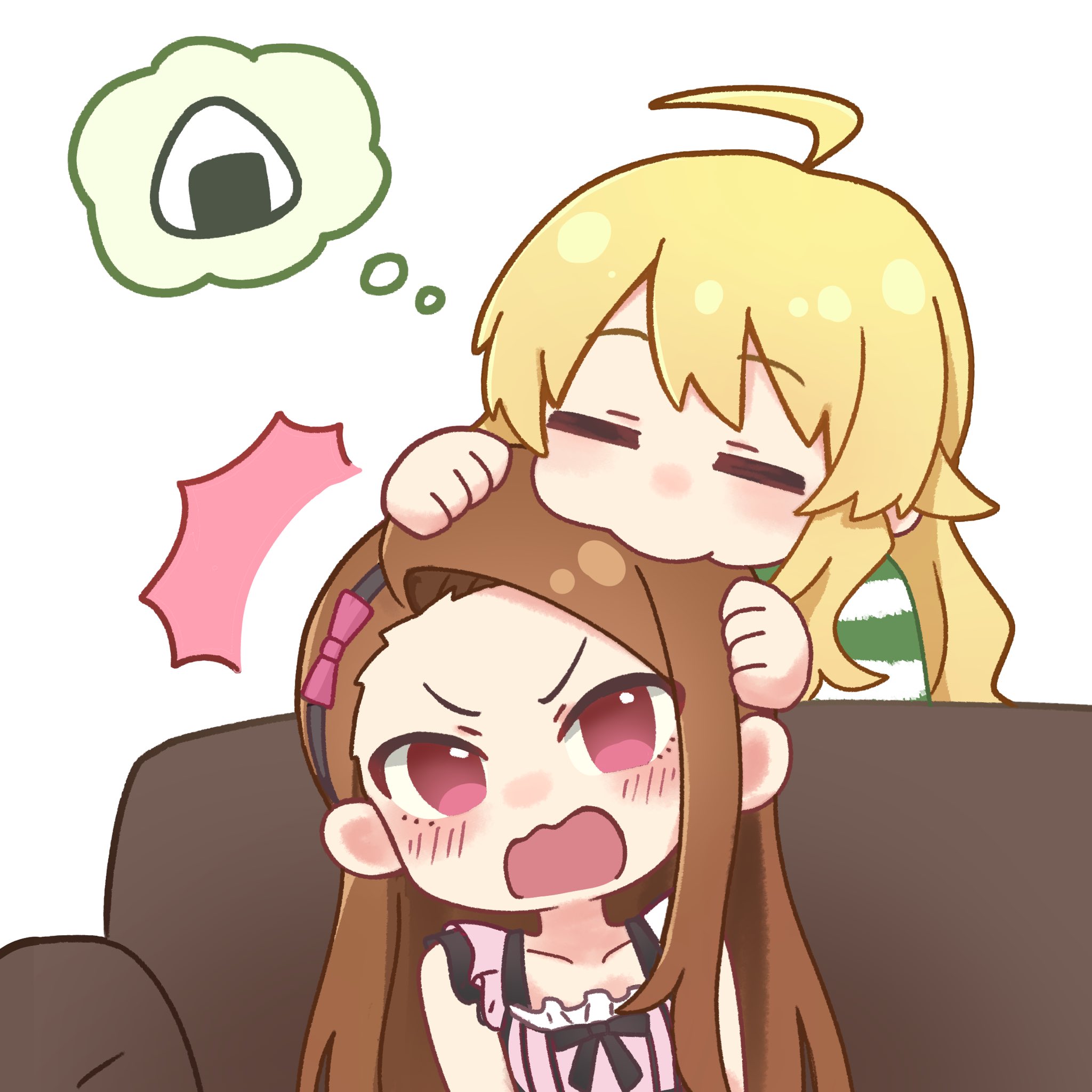 chiwawa174, hoshii miki, minase iori, idolmaster, idolmaster (classic), idolmaster million live!, idolmaster million live! theater days, commentary, highres, 2girls, = =, ^^^, ahoge, asymmetrical bangs, blonde hair, blush, brown hair, closed eyes, collarbone, couch, deformed, dress, food, forehead, indoors, multiple girls, on couch, onigiri, open mouth, pink dress, pink eyes, shirt, shy, simple background, single sidelock, sitting, sleeveless, sleeveless dress, speech bubble, standing, striped clothes, striped shirt, swept bangs, thought bubble, v-shaped eyebrows, wavy hair, wavy mouth, white background
