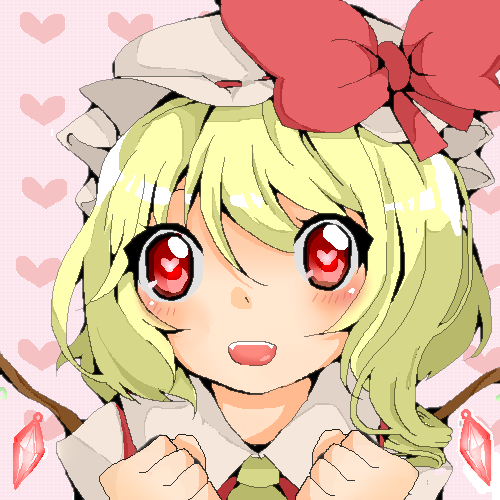 sasaki-annna, flandre scarlet, touhou, lowres, 1girl, blonde hair, blouse, blush, clenched hands, collared shirt, female focus, hair between eyes, hat, heart, heart-shaped pupils, mob cap, oekaki, open mouth, pink background, portrait, red eyes, shirt, solo, symbol-shaped pupils, white hat, white shirt, wings