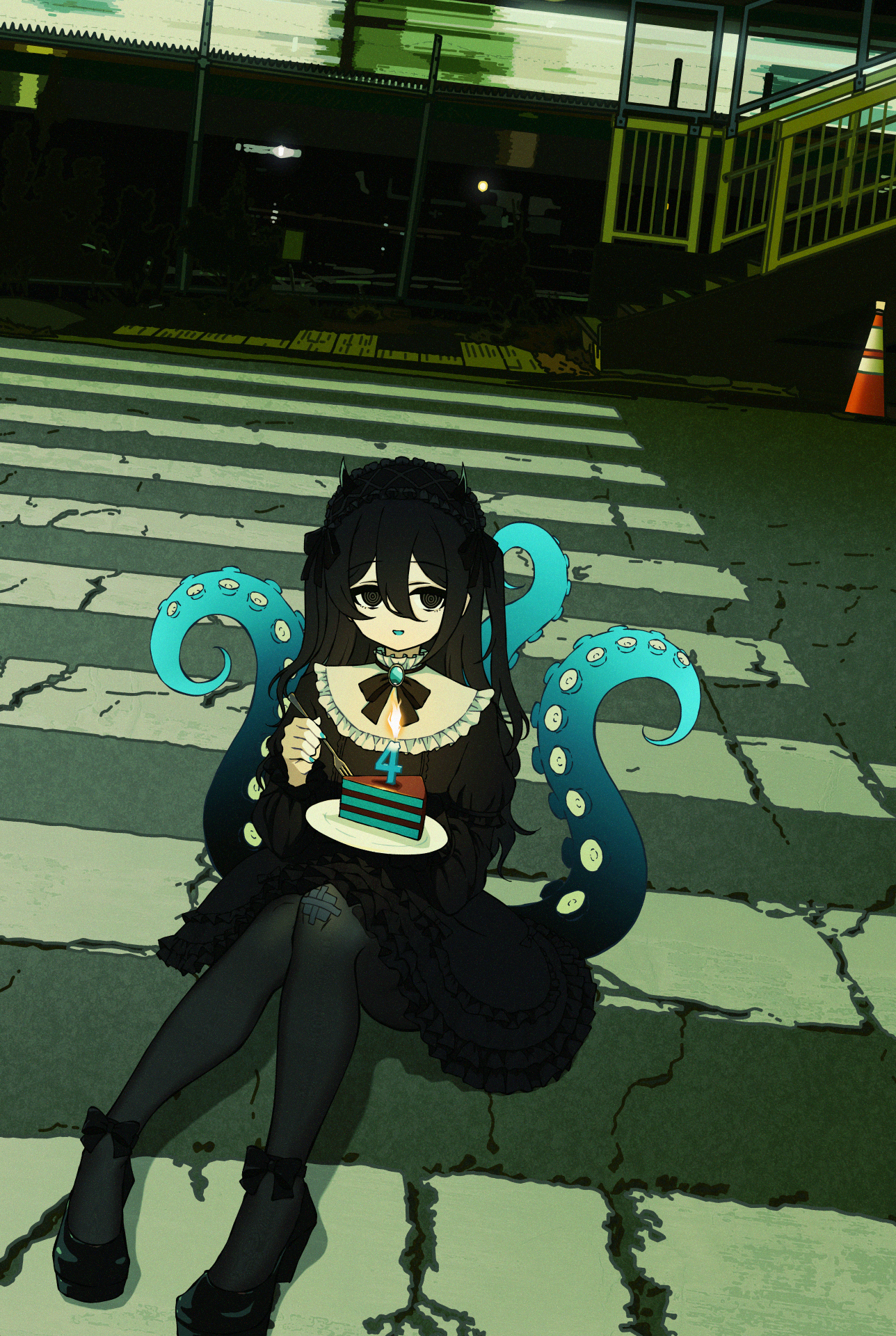 nkymyura, yamata ia, indie virtual youtuber, commentary, highres, 1girl, black bow, black bowtie, black dress, black hair, black pantyhose, black shoes, bow, bowtie, cake, cake slice, dress, food, fork, frilled dress, frills, hairband, holding, holding fork, light smile, long hair, long sleeves, looking at viewer, nail polish, outdoors, pantyhose, road, shoes, sitting, solo, stairs, tentacles, virtual youtuber