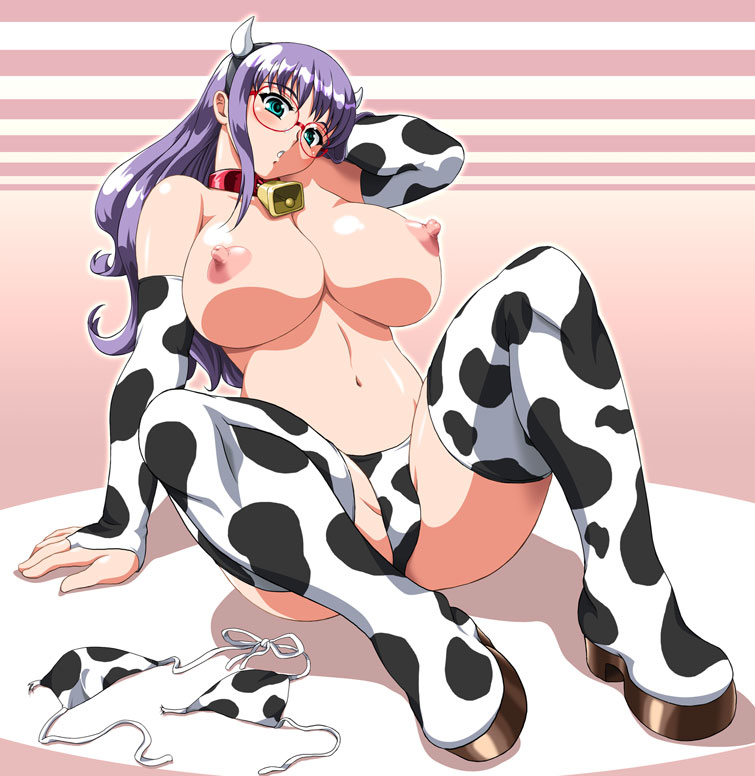 toushi ryoku, character request, source request, animal print, bikini, blush, breasts, collar, cow girl, cow print, glasses, horns, large breasts, sitting, swimsuit, thighhighs, topless female