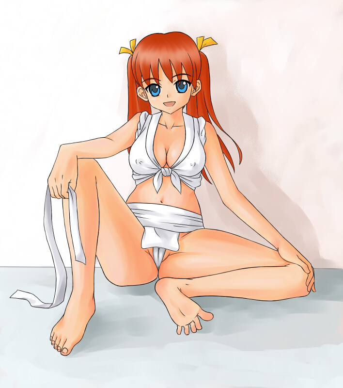 yokaze japan, character request, source request, 1girl, ass, barefoot, blue eyes, breasts, cameltoe, cleavage, feet, female focus, full body, red hair, sitting, smile, soles, solo, spread toes, toes