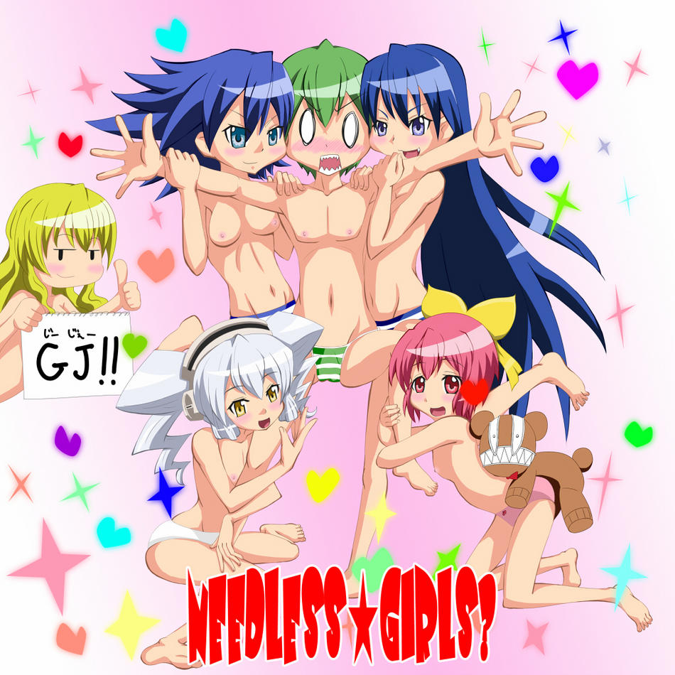 cruz schild, eve neuschwanstein, kuchinashi (needless), mio (needless), setsuna (needless), needless, 1boy, 5girls, breasts, disc, flat chest, green hair, hetero, holding legs, loli, multiple girls, pimp, shota, spread legs, underwear