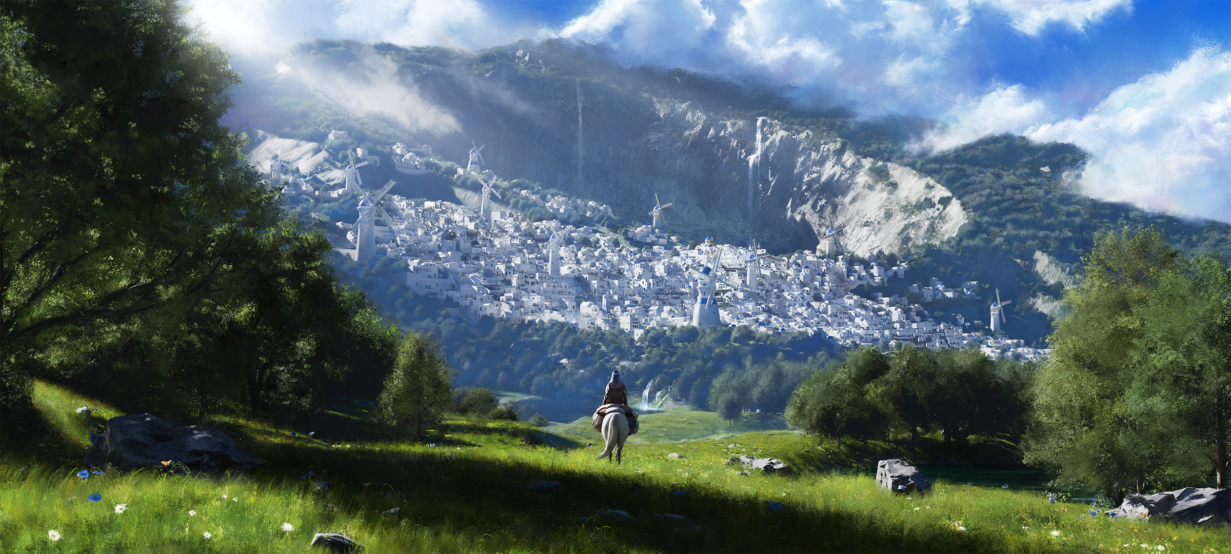 shigeki iwamoto, original, commentary request, highres, 1other, ambiguous gender, blue sky, cloud, day, from behind, hill, horse, horseback riding, landscape, meadow, nature, outdoors, riding, scenery, shade, sky, town, tree, very wide shot, windmill