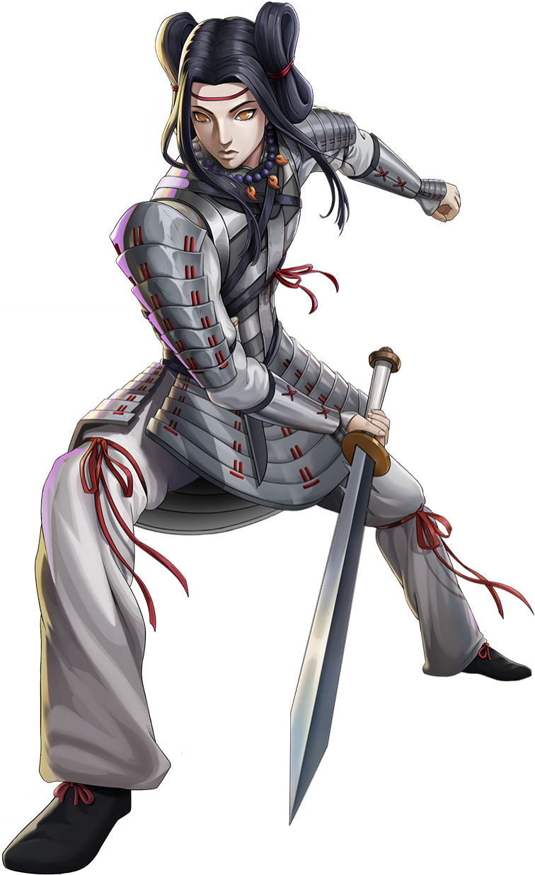 okuninushi (megami tensei), persona, persona 5, persona 5: the phantom x, shin megami tensei, artist request, commentary, english commentary, highres, official art, third-party source, 1boy, armor, black hair, closed mouth, demon (megami tensei), hair ribbon, holding, holding sword, holding weapon, japanese armor, jewelry, magatama, magatama necklace, necklace, orange eyes, red ribbon, ribbon, solo, sword, transparent background, weapon