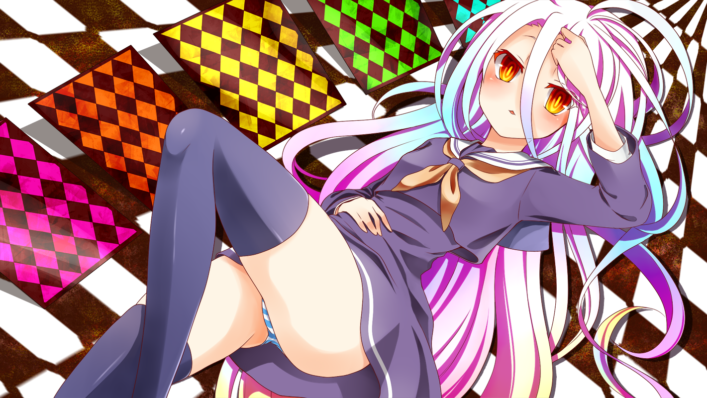 akari4, shiro (no game no life), no game no life, commentary request, revision, 1girl, ass, black thighhighs, breasts, gradient hair, hand on own head, long hair, lying, multicolored hair, panties, pantyshot, petite, school uniform, serafuku, small breasts, solo, striped clothes, striped panties, thighhighs, underwear, white hair, yellow eyes
