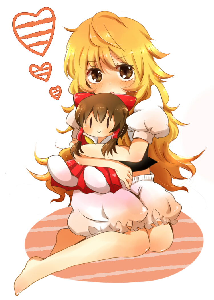 zawameki, hakurei reimu, kirisame marisa, touhou, bad id, bad pixiv id, 1girl, barefoot, blonde hair, bloomers, blush, brown hair, character doll, detached sleeves, doll, feet, female focus, frown, heart, hug, hugging doll, hugging object, japanese clothes, messy hair, miko, solo, underwear, yellow eyes, | |