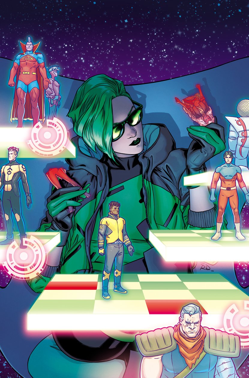 matt wilson, russell dauterman, cable (marvel), polaris (x-men), storm (x-men), marvel, x-men, character request, comic cover, commentary, english commentary, highres, official art, 3girls, 6+boys, black dress, black gloves, black jacket, bodysuit, cannonball (x-men), character doll, chessboard, dark-skinned female, dark-skinned male, dark skin, doll, dress, gloves, green dress, green gloves, green hair, green jacket, green lips, jacket, looking to the side, lorna dane, multicolored bodysuit, multicolored dress, multicolored gloves, multicolored jacket, multiple boys, multiple girls, muscular, muscular male, official alternate costume, official alternate hair length, official alternate hairstyle, red bodysuit, sitting, sunglasses, superhero costume, two-tone dress, two-tone gloves, two-tone jacket, western comics (style), white hair, x-uniform