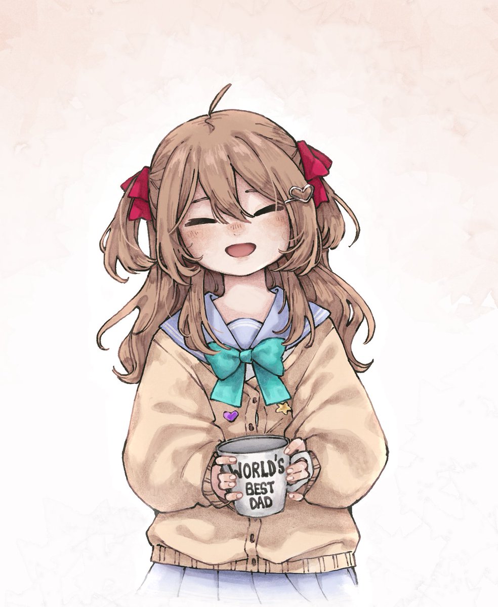 shankkei, neuro-sama, vedal ai, highres, 1girl, :d, ahoge, aqua bow, aqua bowtie, baggy clothes, blue sailor collar, blue skirt, bow, bowtie, brown hair, cardigan, closed eyes, coffee mug, cowboy shot, cup, double-parted bangs, facing viewer, hair between eyes, hair ornament, hair ribbon, heart, heart hair ornament, heart pin, holding, holding cup, long hair, mug, mug writing, open mouth, orange background, pleated skirt, raised eyebrows, red ribbon, ribbon, sailor collar, skirt, smile, solo, star pin, two side up, white background, yellow cardigan