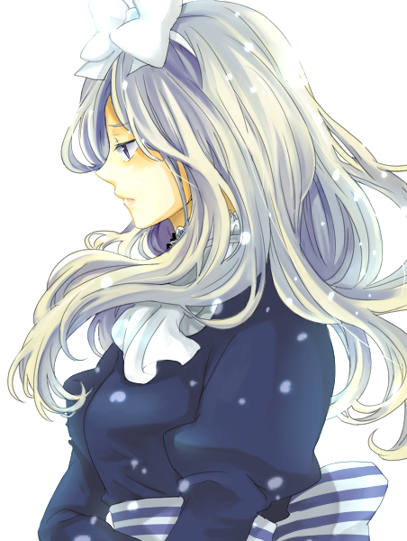 misookaka, belarus (hetalia), axis powers hetalia, silver hair, 00s, blue eyes, bow, dress, headband, long hair, profile, snow, solo