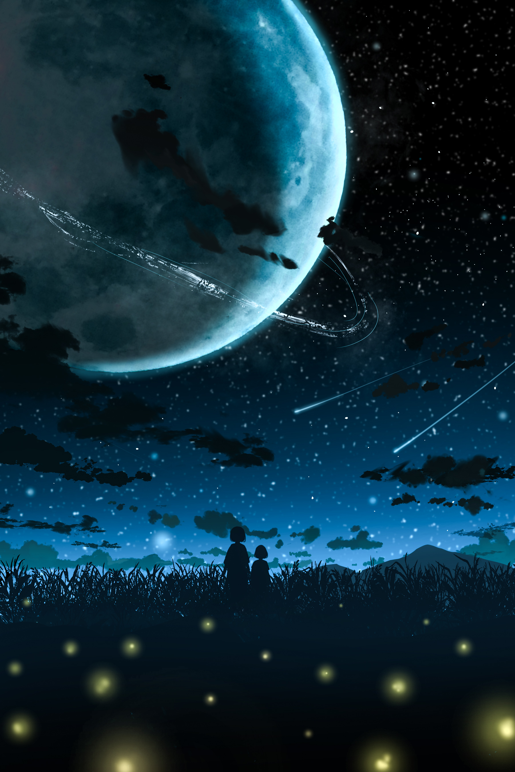 original, absurdres, commentary, highres, symbol-only commentary, 2girls, bug, cloud, firefly, from behind, grass, insect, meteor shower, multiple girls, night, nor ni, outdoors, planet, planetary ring, scenery, science fiction, short hair, silhouette, sky, sky focus, standing, star (sky), starry sky, wide shot