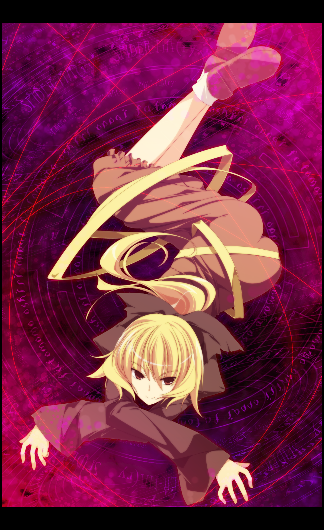 sakurame, kurodani yamame, touhou, highres, 1girl, aged up, blonde hair, border, bow, brown eyes, crossed arms, english text, female focus, hair bow, letterboxed, long hair, lying, magic circle, on stomach, ponytail, ribbon, seductive smile, smile, solo, x arms