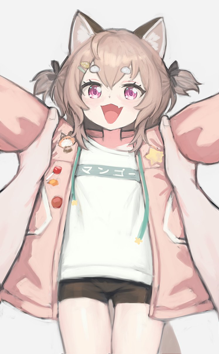 sussynano, komachi panko, komachi panko (4th costume), phase connect, highres, 1girl, animal ear fluff, animal ears, black ribbon, black shorts, brown hair, clothes writing, fang, hair ornament, hair ribbon, hairclip, jacket, lifting person, looking at viewer, open mouth, pov, purple eyes, red panda ears, red panda girl, ribbon, shirt, short shorts, shorts, simple background, thick eyebrows, twintails, virtual youtuber, white background, white shirt