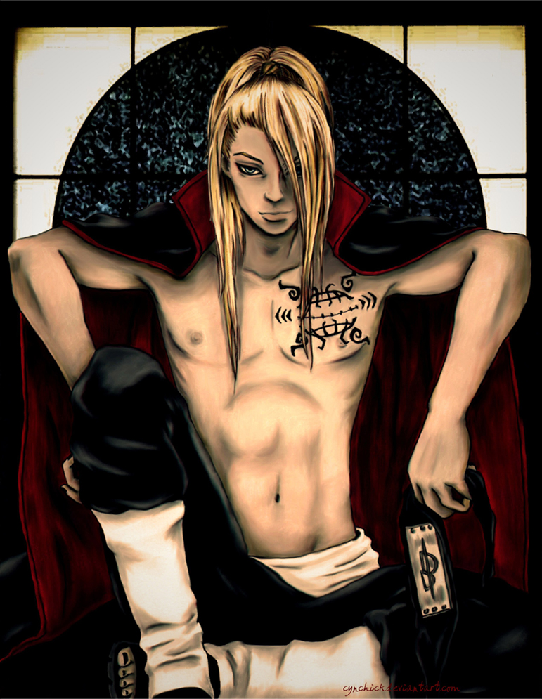 cynchick, deidara (naruto), naruto (series), naruto shippuuden, 1boy, abs, akatsuki (naruto), armpits, bare shoulders, blonde hair, blue eyes, hair over one eye, headband, long hair, male focus, muscular, muscular male, navel, nipples, pectorals, ponytail, smirk, solo, stitches