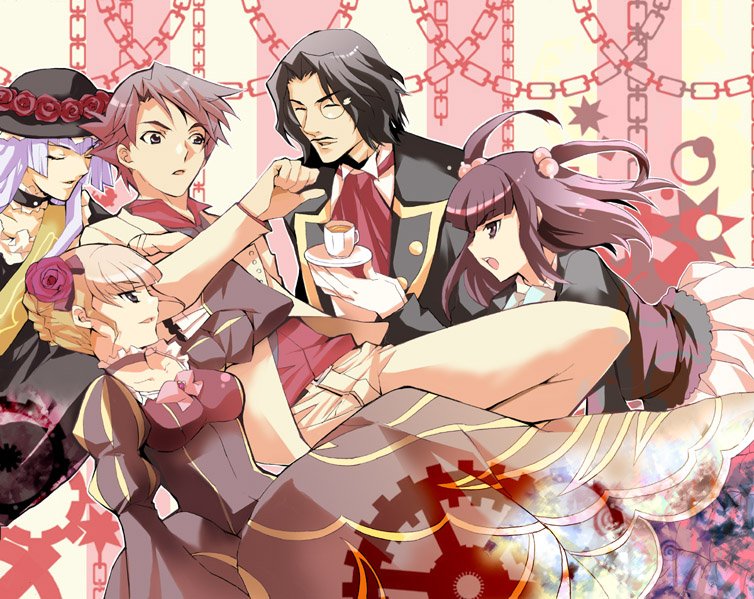 yazawan, beatrice (umineko), ronove (umineko), ushiromiya ange, ushiromiya battler, virgilia (umineko), umineko no naku koro ni, silver hair, bad id, bad pixiv id, 00s, 2boys, 3girls, black hair, blonde hair, brother and sister, choker, dress, facial hair, frills, hair bobbles, hair ornament, long hair, monocle, multiple boys, multiple girls, mustache, necktie, red hair, short hair, siblings