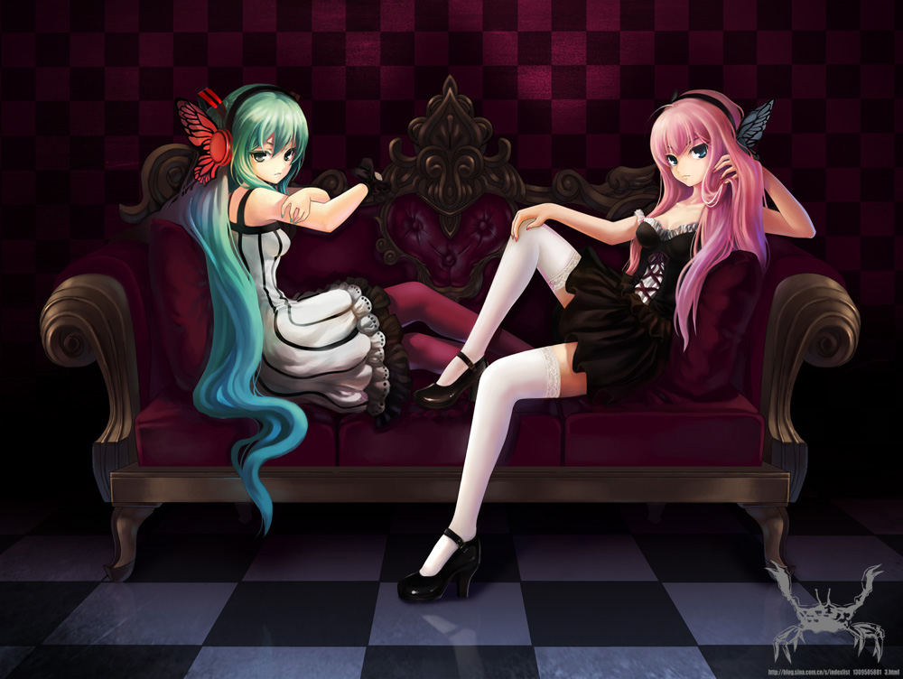 klamp, hatsune miku, megurine luka, magnet (vocaloid), vocaloid, world is mine (vocaloid), 2girls, aqua eyes, aqua hair, blue eyes, butterfly hair ornament, couch, dress, full body, hair ornament, headphones, legs, long hair, multiple girls, pantyhose, pink hair, pink pantyhose, sitting, thighhighs, twintails, very long hair, wide shot, yuri
