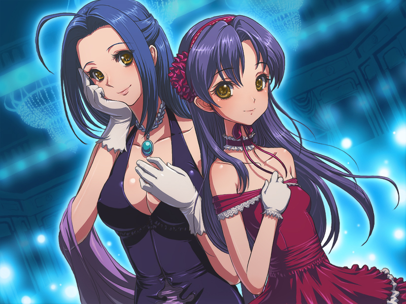 matsudo aya, kisaragi chihaya, miura azusa, idolmaster, idolmaster (classic), 00s, 2girls, bare shoulders, blue hair, blush, breasts, choker, cleavage, dress, formal clothes, gloves, hairband, jewelry, long hair, multiple girls, pendant, smile, white gloves, yellow eyes